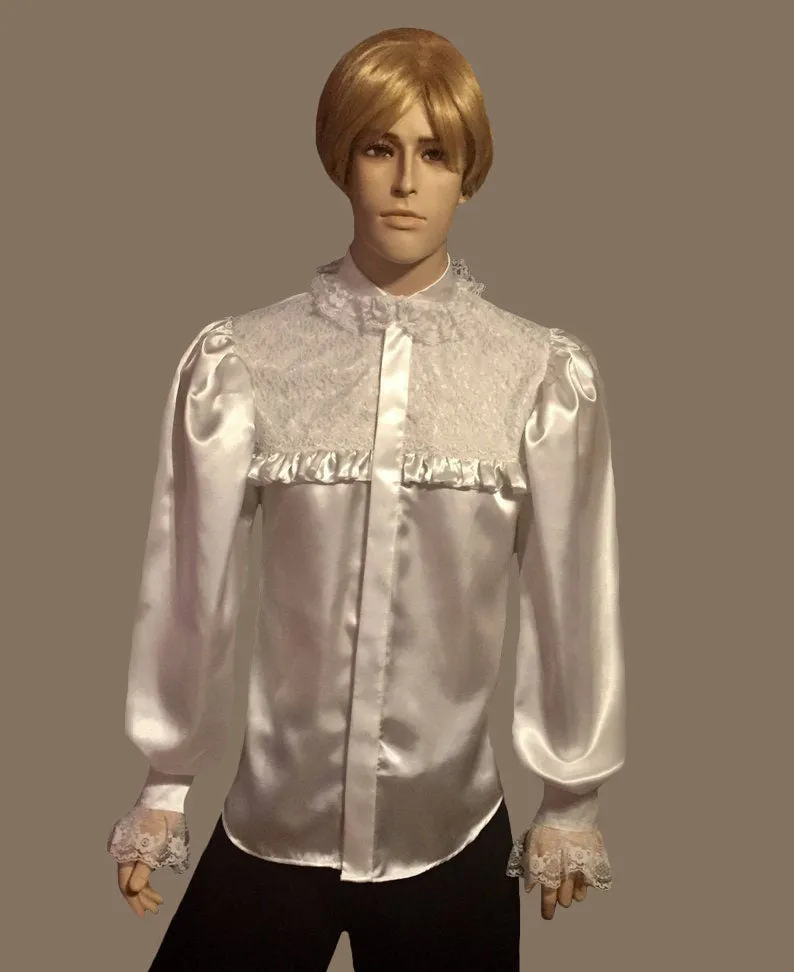 White lace-bib satin dress shirt in  sizes men S M L XL 2XL 3XL