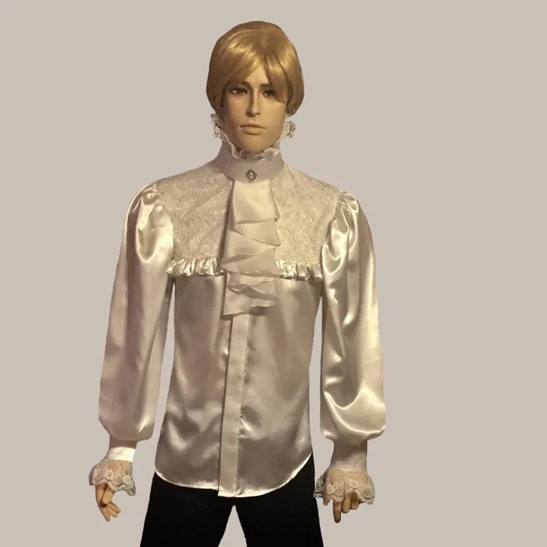 White lace-bib satin dress shirt in  sizes men S M L XL 2XL 3XL