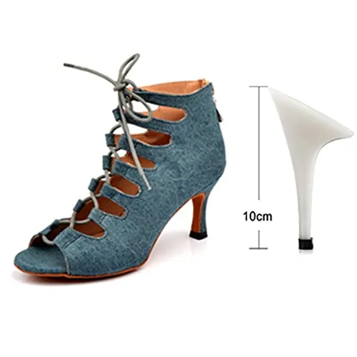 Women's Blue Denim Customized Heel Dance Boots Salsa Jazz Dance Shoes