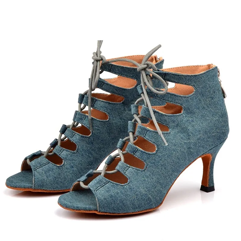 Women's Blue Denim Customized Heel Dance Boots Salsa Jazz Dance Shoes