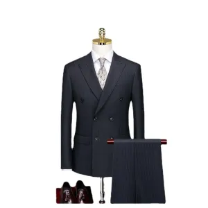 Wool Suit Men's Business Leisure Bridegroom's Wedding Custom Stripe Double Breasted Suit Men's Suit